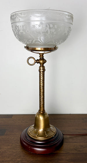 Antique 1880s Converted Gas Newel Post Lamp with Rope Tubing and Antique Eastklake Etched Shade