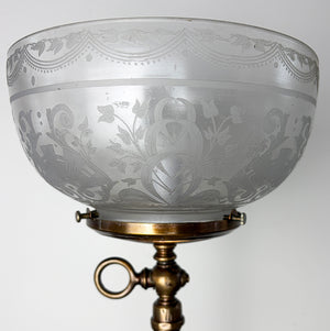 Antique 1880s Converted Gas Newel Post Lamp with Rope Tubing and Antique Eastklake Etched Shade