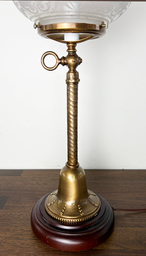 Antique 1880s Converted Gas Newel Post Lamp with Rope Tubing and Antique Eastklake Etched Shade