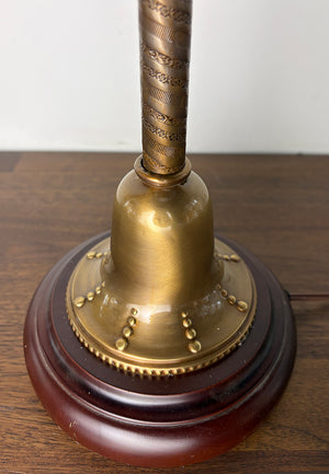 Antique 1880s Converted Gas Newel Post Lamp with Rope Tubing and Antique Eastklake Etched Shade