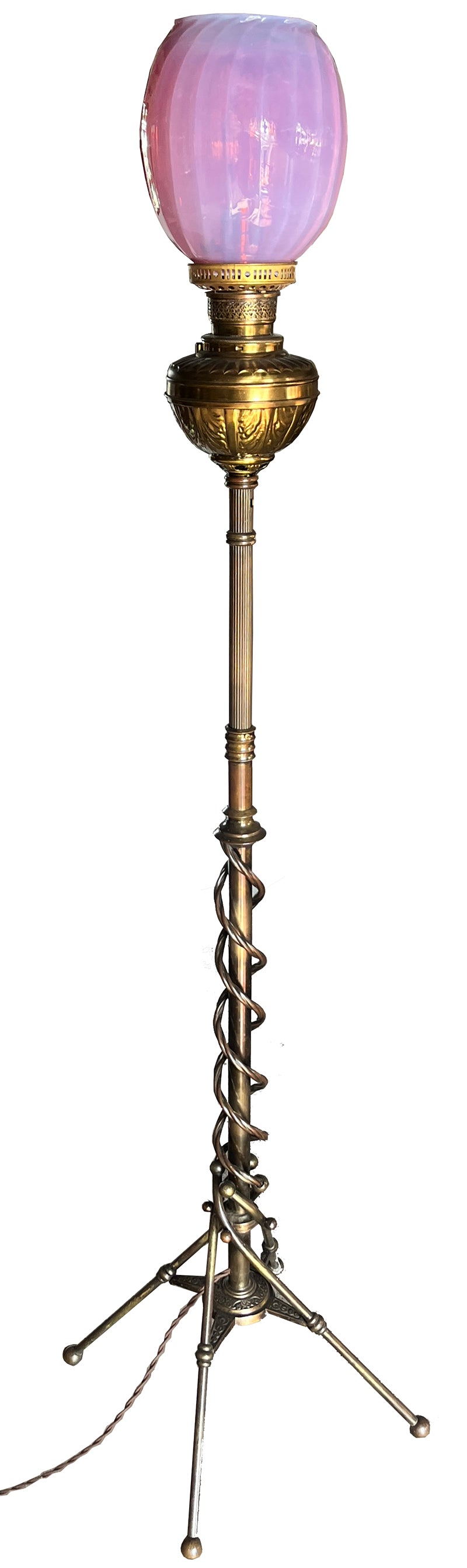 Antique CIrca 1880s Eastlake Converted Oil Floor Lamp with Corkscrew Base and Antique Pink Opal Shade
