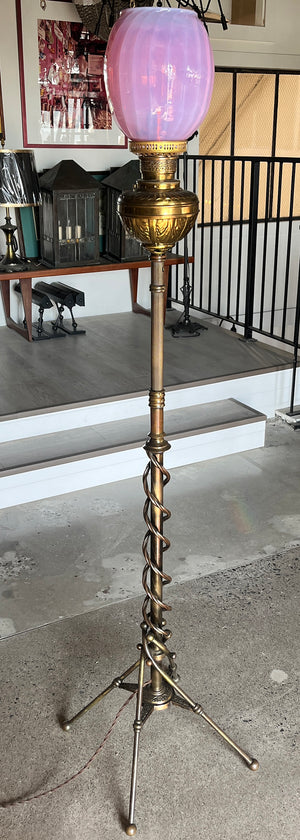 Antique CIrca 1880s Eastlake Converted Oil Floor Lamp with Corkscrew Base and Antique Pink Opal Shade