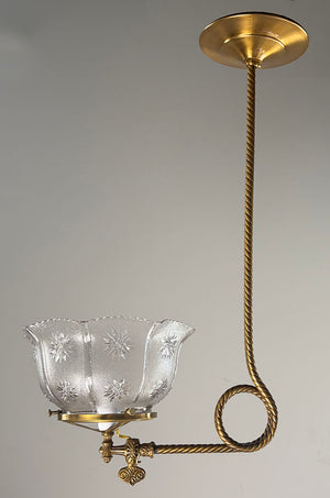 SET OF 3 AVAILABLE - Antique Circa 1890 Converted Gas Scroll Arm J Arm With Antique Star Patterned Pressed Glass Shade