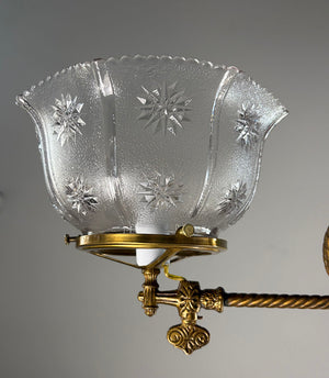 SET OF 3 AVAILABLE - Antique Circa 1890 Converted Gas Scroll Arm J Arm With Antique Star Patterned Pressed Glass Shade