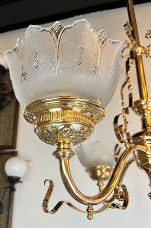 Antique Circa 1880s - 1890s Converted Kerosene Three Light Eastlake Fixture with Antique Pressed Glass Shades