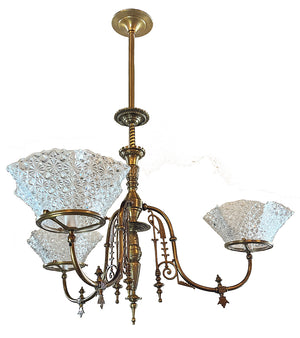 Antique Circa 1880s Three Light Eastlake  Converted Gas Three Light With Original Pressed Glass Diamond Patterned 5" Fitter