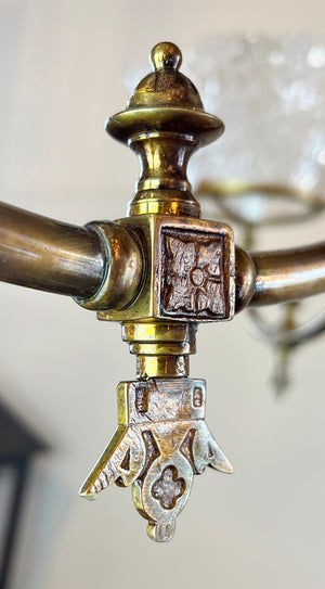 Antique Circa 1880s Three Light Eastlake  Converted Gas Three Light With Original Pressed Glass Diamond Patterned 5" Fitter