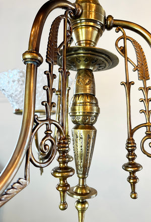 Antique Circa 1880s Three Light Eastlake  Converted Gas Three Light With Original Pressed Glass Diamond Patterned 5" Fitter