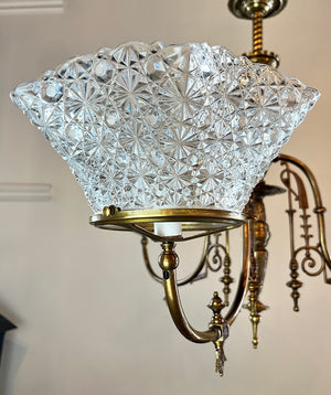 Antique Circa 1880s Three Light Eastlake  Converted Gas Three Light With Original Pressed Glass Diamond Patterned 5" Fitter