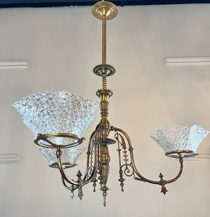 Antique Circa 1880s Three Light Eastlake  Converted Gas Three Light With Original Pressed Glass Diamond Patterned 5" Fitter