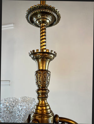 Antique Circa 1880s Three Light Eastlake  Converted Gas Three Light With Original Pressed Glass Diamond Patterned 5" Fitter