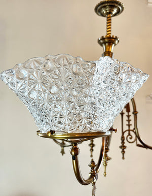 Antique Circa 1880s Three Light Eastlake  Converted Gas Three Light With Original Pressed Glass Diamond Patterned 5" Fitter