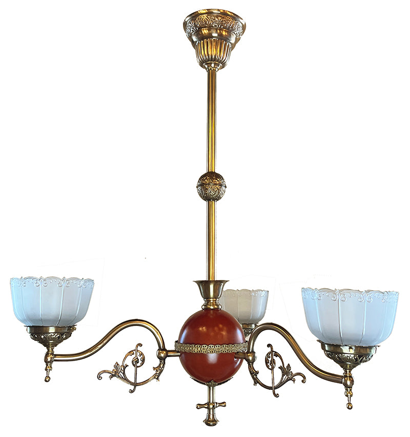 Antique Circa 1880s Three Light Aesthetic Movement  Alpha Brass Fixture with Antique Gillinder Shades