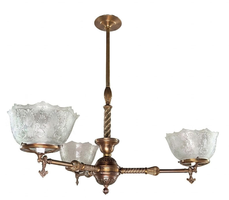 Antique Circa 1880s Three Light Converted Gas Eastlake Three Light with Antique Pressed and Etched 4" Fitter Gas Shades