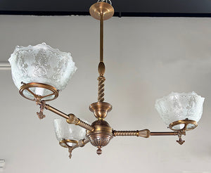 Antique Circa 1880s Three Light Converted Gas Eastlake Three Light with Antique Pressed and Etched 4" Fitter Gas Shades