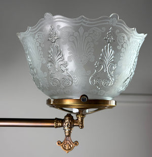 Antique Circa 1880s Three Light Converted Gas Eastlake Three Light with Antique Pressed and Etched 4" Fitter Gas Shades