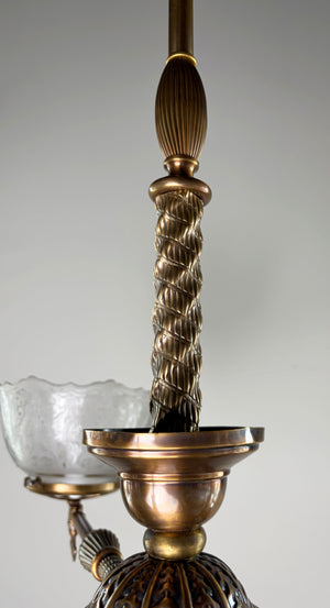 Antique Circa 1880s Three Light Converted Gas Eastlake Three Light with Antique Pressed and Etched 4" Fitter Gas Shades