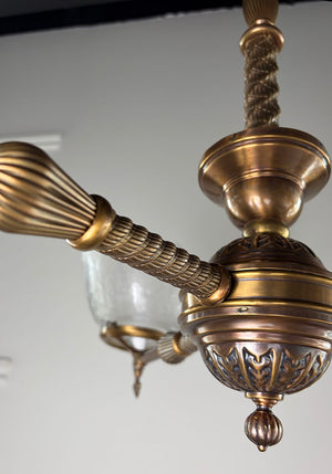 Antique Circa 1880s Three Light Converted Gas Eastlake Three Light with Antique Pressed and Etched 4" Fitter Gas Shades