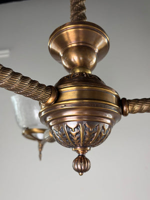 Antique Circa 1880s Three Light Converted Gas Eastlake Three Light with Antique Pressed and Etched 4" Fitter Gas Shades