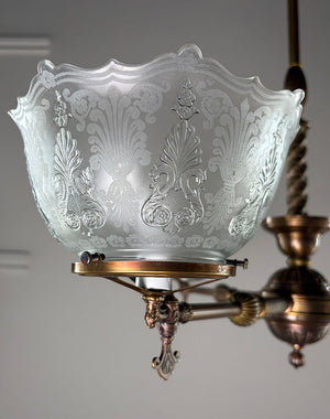 Antique Circa 1880s Three Light Converted Gas Eastlake Three Light with Antique Pressed and Etched 4" Fitter Gas Shades