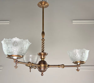 Antique Circa 1880s Three Light Converted Gas Eastlake Three Light with Antique Pressed and Etched 4" Fitter Gas Shades