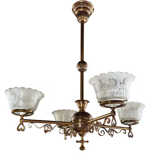 Antique Circa 1880s Eastlake Four Light Embossed Bronze Chandelier with Antique Neo Classical Shades