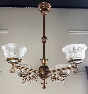 Antique Circa 1880s Eastlake Four Light Embossed Bronze Chandelier with Antique Neo Classical Shades