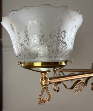 Antique Circa 1880s Eastlake Four Light Embossed Bronze Chandelier with Antique Neo Classical Shades