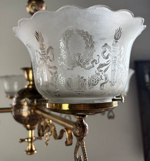 Antique Circa 1880s Eastlake Four Light Embossed Bronze Chandelier with Antique Neo Classical Shades