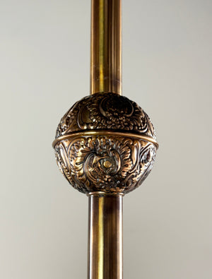 Antique Circa 1880s Eastlake Four Light Embossed Bronze Chandelier with Antique Neo Classical Shades