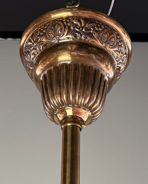 Antique Circa 1880s Eastlake Four Light Embossed Bronze Chandelier with Antique Neo Classical Shades