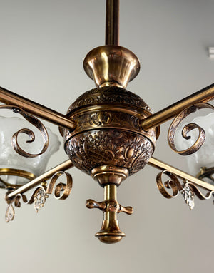 Antique Circa 1880s Eastlake Four Light Embossed Bronze Chandelier with Antique Neo Classical Shades