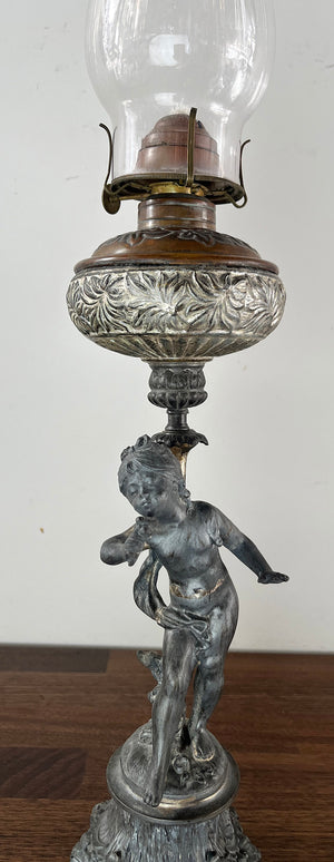 Antique Circa 1880s Figural Spelter Oil Lamp