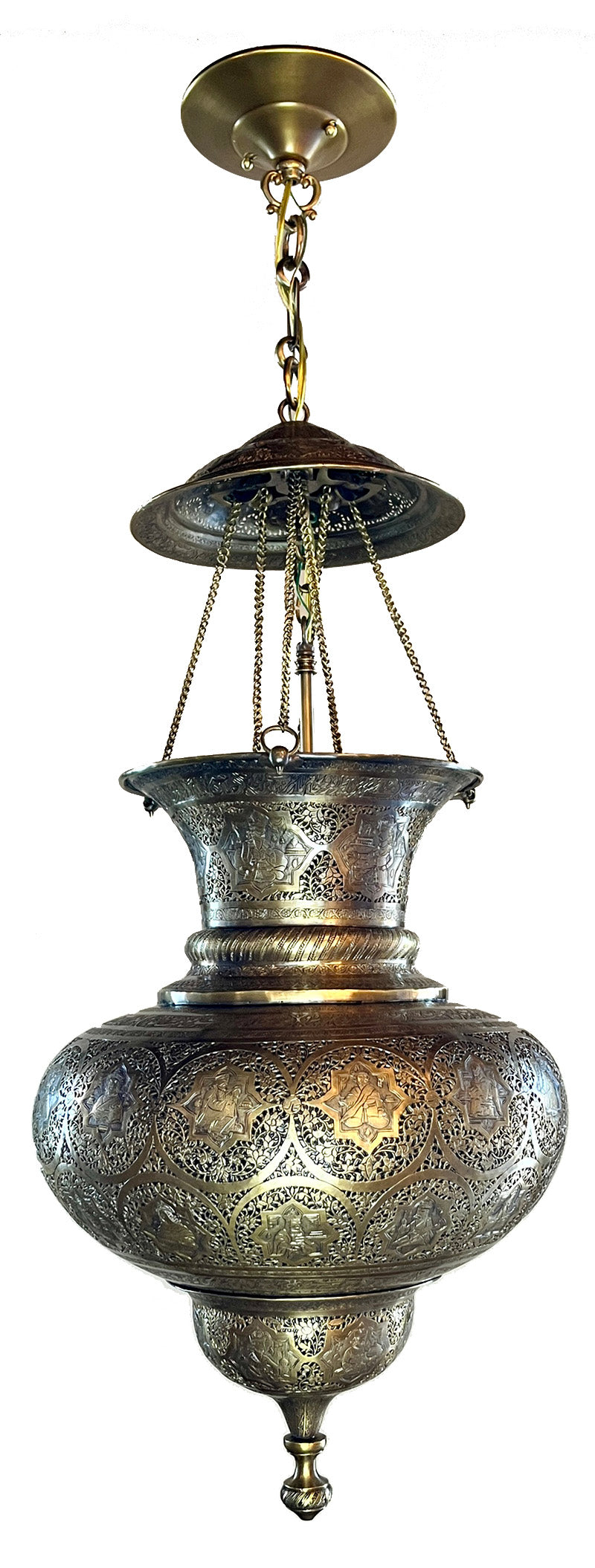 Stunning Antique 1880s Chased and Pierced Brass Openwork Anglo Moorish Converted Oil Lamp
