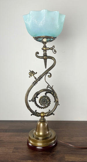 Incredible late 1880s Aesthetic Movement Converted Gas Newel Post Light with Stunning Deep Acid Etched Opalescent Shade