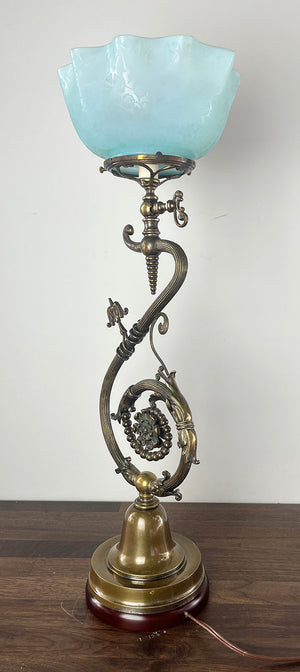 Incredible late 1880s Aesthetic Movement Converted Gas Newel Post Light with Stunning Deep Acid Etched Opalescent Shade