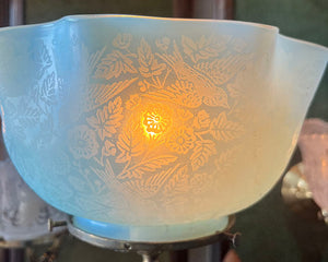 Incredible late 1880s Aesthetic Movement Converted Gas Newel Post Light with Stunning Deep Acid Etched Opalescent Shade