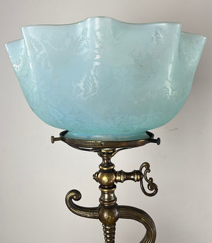 Incredible late 1880s Aesthetic Movement Converted Gas Newel Post Light with Stunning Deep Acid Etched Opalescent Shade