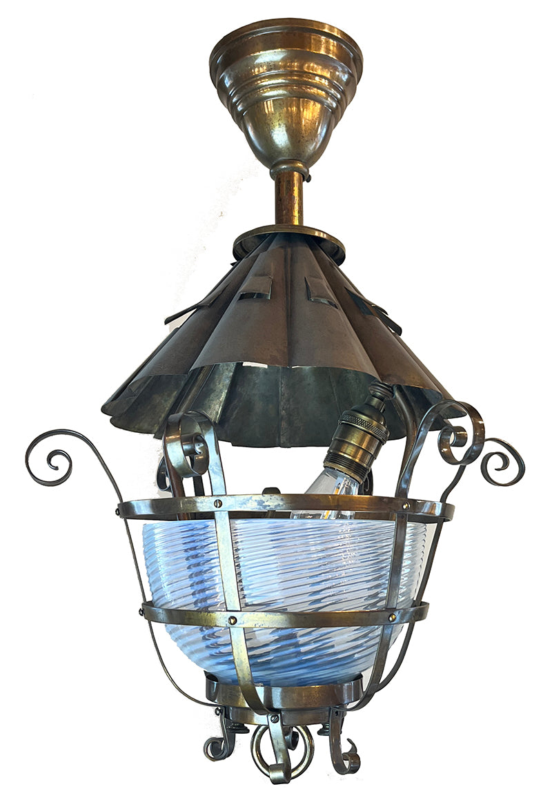 Antique Circa 1895 Converted Gas Electric Scroll Work Lantern with Original Opal Swirl Shade