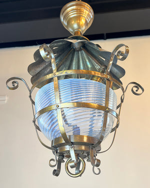 Antique Circa 1895 Converted Gas Electric Scroll Work Lantern with Original Opal Swirl Shade