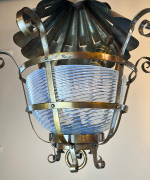 Antique Circa 1895 Converted Gas Electric Scroll Work Lantern with Original Opal Swirl Shade