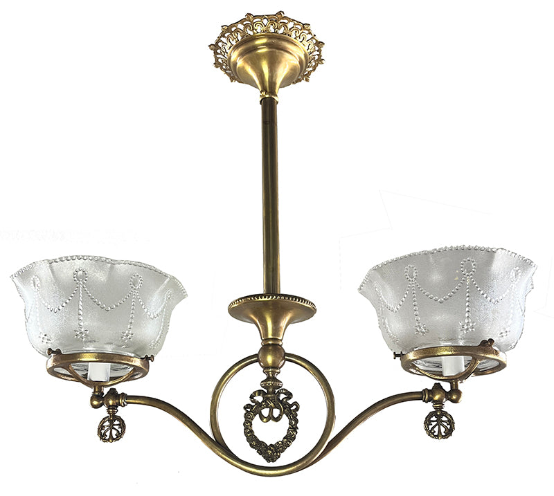 Antique Circa 1890 Scroll Arm Converted Gas Two Light with Original Pressed Glass Shades