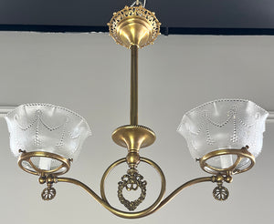 Antique Circa 1890 Scroll Arm Converted Gas Two Light with Original Pressed Glass Shades
