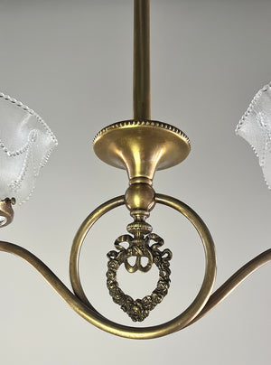 Antique Circa 1890 Scroll Arm Converted Gas Two Light with Original Pressed Glass Shades