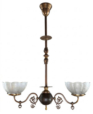 Antique 1895 Two Light Late Victorian Early Edwardian Two Light Scroll Arm Converted Gas Fixture