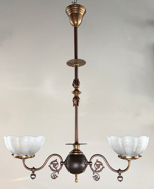 Antique 1895 Two Light Late Victorian Early Edwardian Two Light Scroll Arm Converted Gas Fixture
