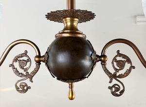 Antique 1895 Two Light Late Victorian Early Edwardian Two Light Scroll Arm Converted Gas Fixture