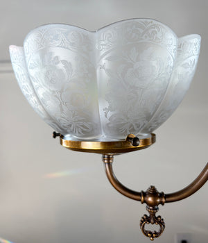 Antique 1895 Two Light Late Victorian Early Edwardian Two Light Scroll Arm Converted Gas Fixture
