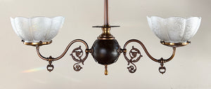 Antique 1895 Two Light Late Victorian Early Edwardian Two Light Scroll Arm Converted Gas Fixture