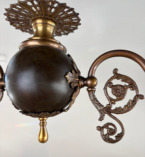 Antique 1895 Two Light Late Victorian Early Edwardian Two Light Scroll Arm Converted Gas Fixture